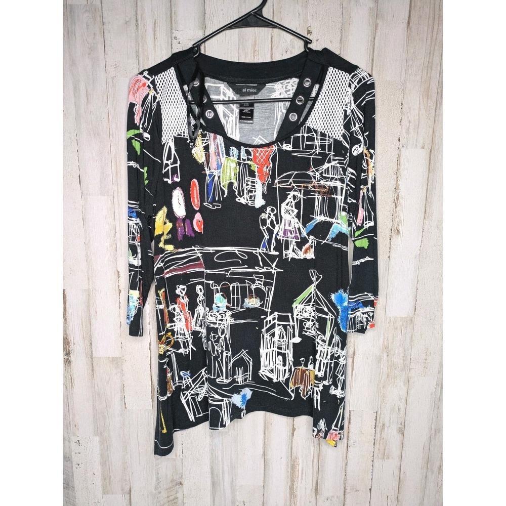 Ali Miles Women's Abstract Print‎ Tunic Top Sz Petite Medium Black  AOP Fashion